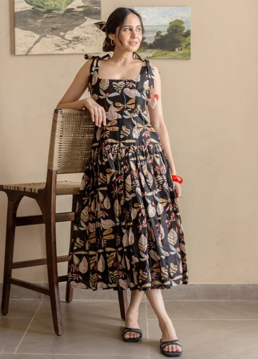 Moonlight Charm Black Cotton Printed Dress